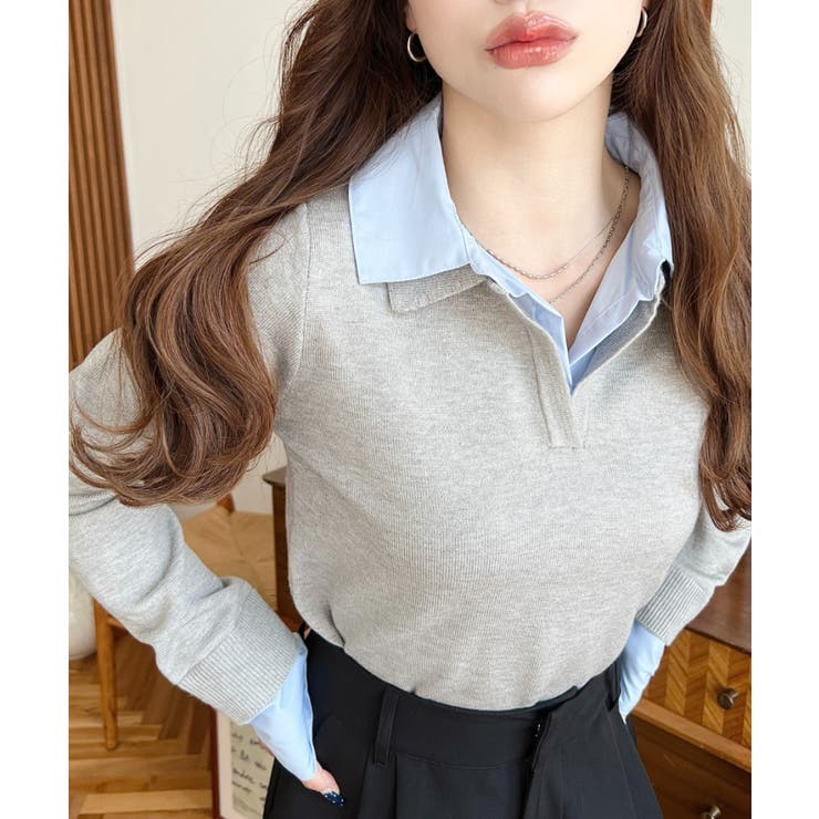 シャツレイヤードライク襟付きポロニットプルオーバー | moment+ | 詳細画像10 