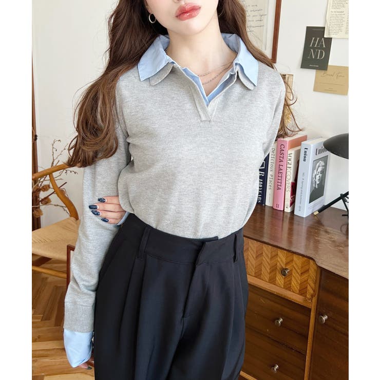 シャツレイヤードライク襟付きポロニットプルオーバー[品番