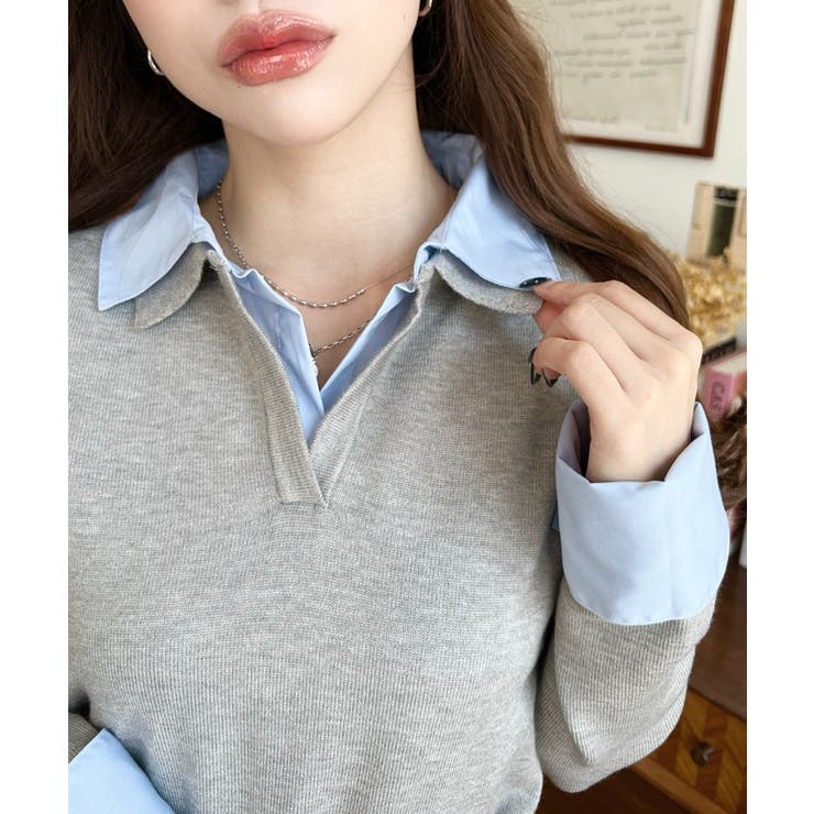 シャツレイヤードライク襟付きポロニットプルオーバー | moment+ | 詳細画像15 