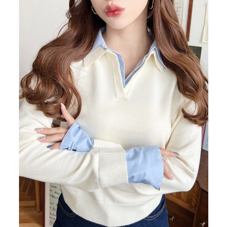 シャツレイヤードライク襟付きポロニットプルオーバー | moment+ | 詳細画像2 