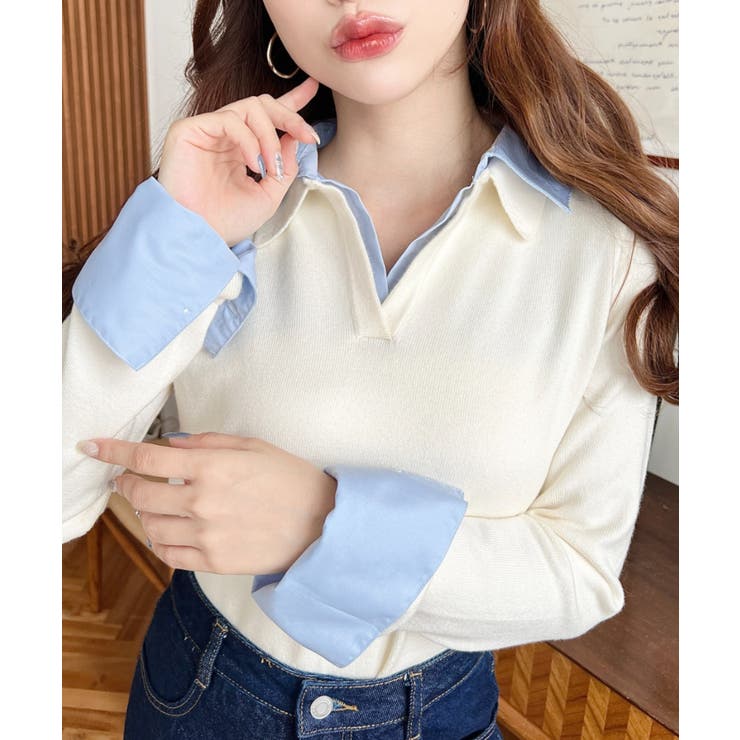 【新品未使用タグ付き】ワンポイントレイヤードポロニットプルオーバー solleim ニット セーター ワンポイント刺繍レイヤード襟付き