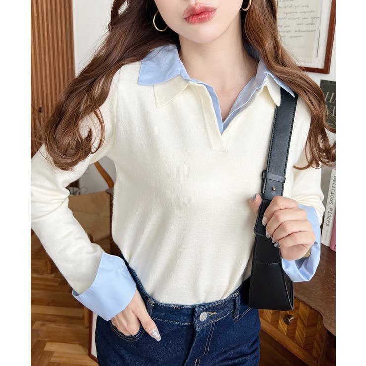 シャツレイヤードライク襟付きポロニットプルオーバー | moment+ | 詳細画像4 