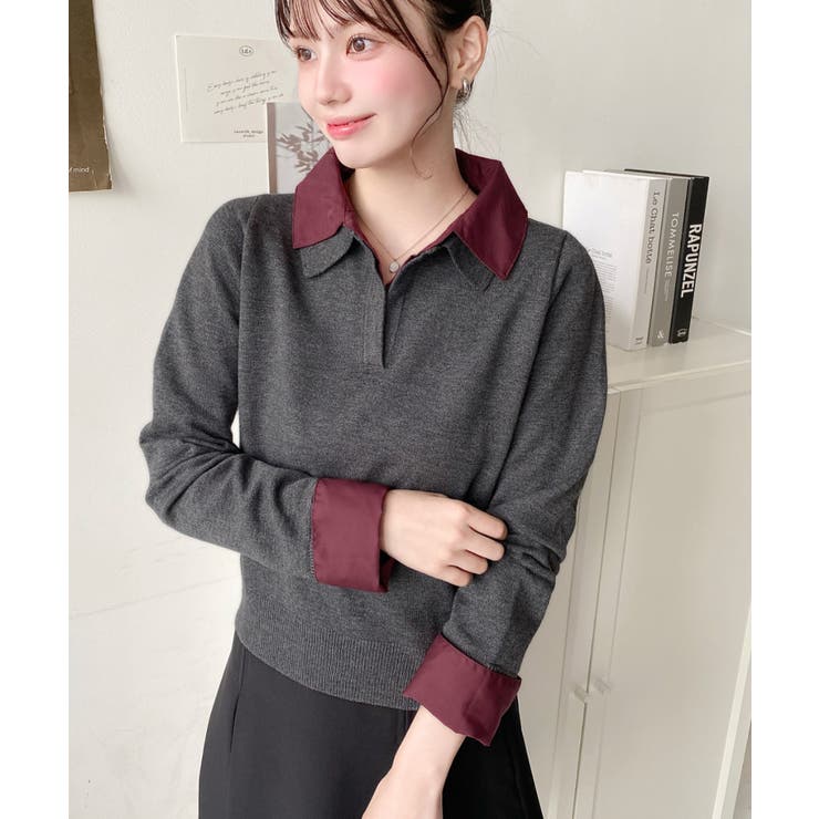 シャツレイヤードライク襟付きポロニットプルオーバー | moment+ | 詳細画像6 