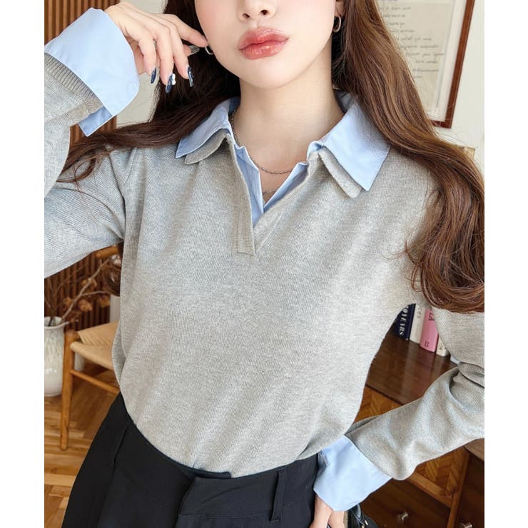 杢グレー | シャツレイヤードライク襟付きポロニットプルオーバー | moment+