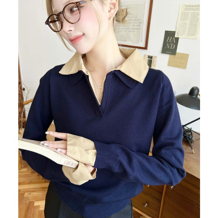 ネイビー | シャツレイヤードライク襟付きポロニットプルオーバー | moment+