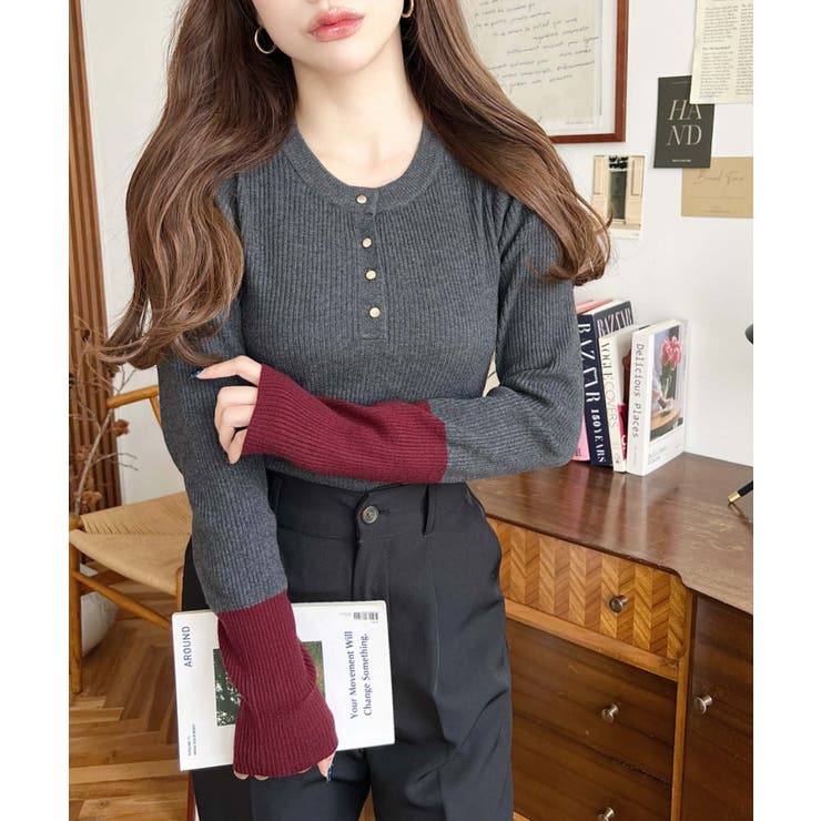 袖配色ヘンリーネックリブニットプルオーバー | moment+ | 詳細画像10 