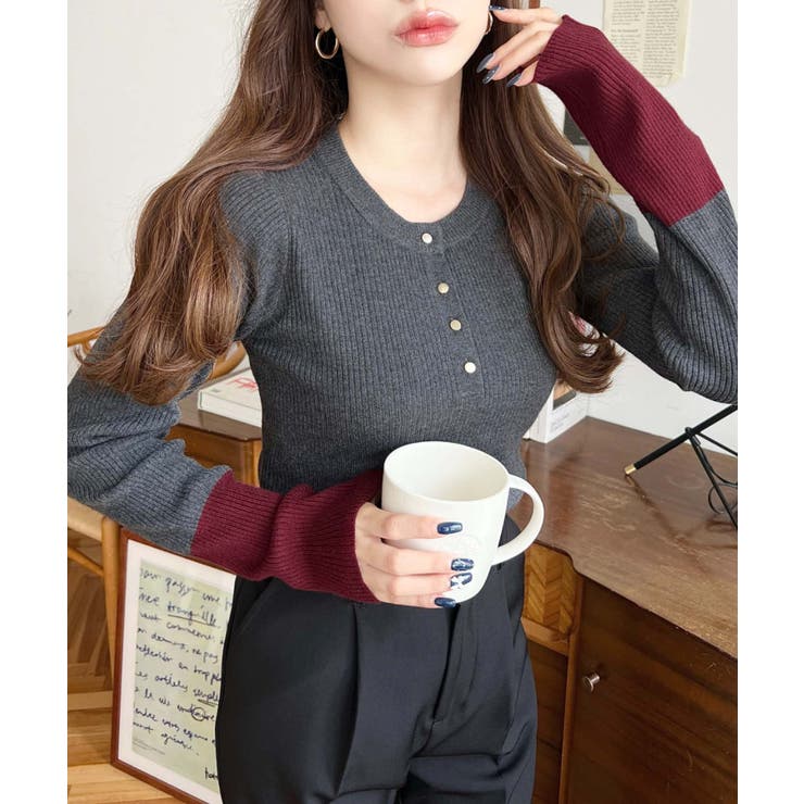 袖配色ヘンリーネックリブニットプルオーバー | moment+ | 詳細画像11 