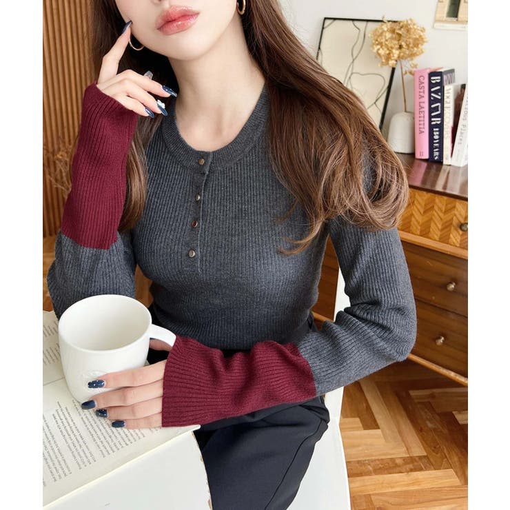 袖配色ヘンリーネックリブニットプルオーバー | moment+ | 詳細画像12 