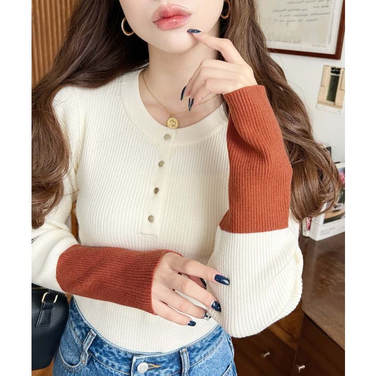 袖配色ヘンリーネックリブニットプルオーバー | moment+ | 詳細画像2 