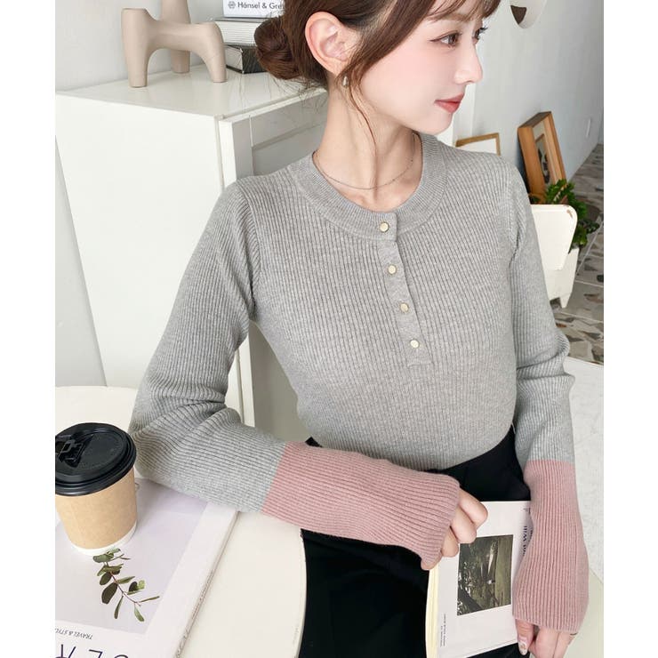 袖配色ヘンリーネックリブニットプルオーバー | moment+ | 詳細画像21 