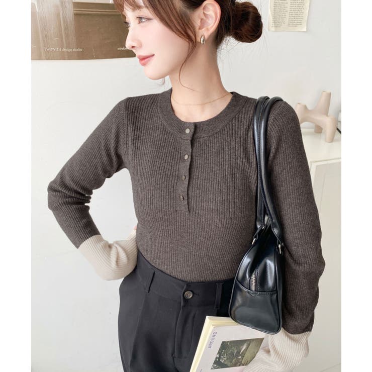 袖配色ヘンリーネックリブニットプルオーバー | moment+ | 詳細画像24 