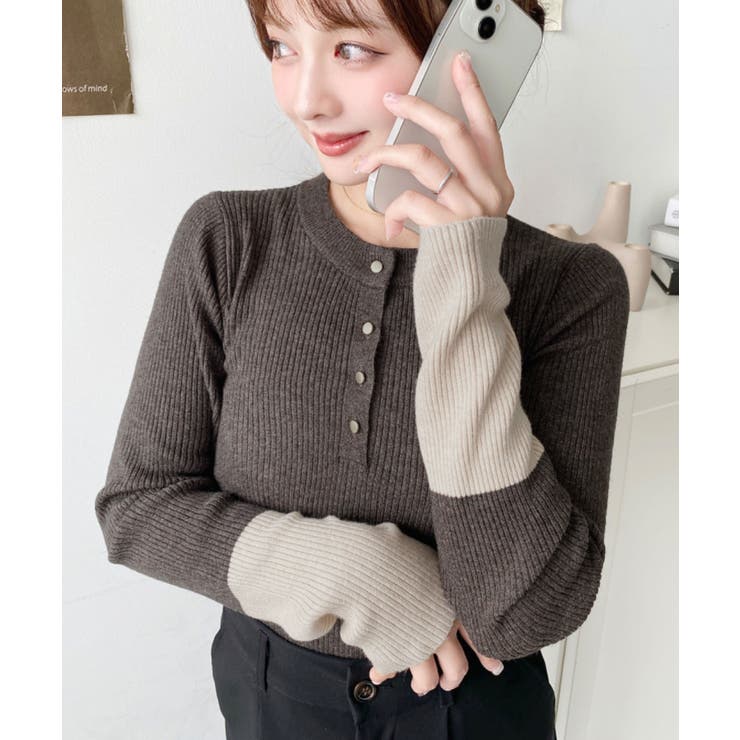 袖配色ヘンリーネックリブニットプルオーバー | moment+ | 詳細画像25 