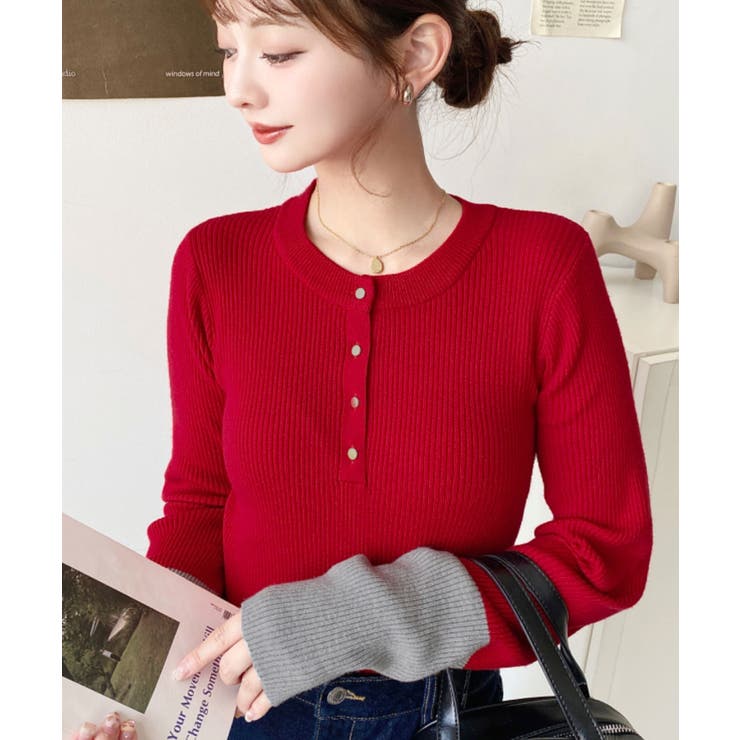 袖配色ヘンリーネックリブニットプルオーバー | moment+ | 詳細画像27 