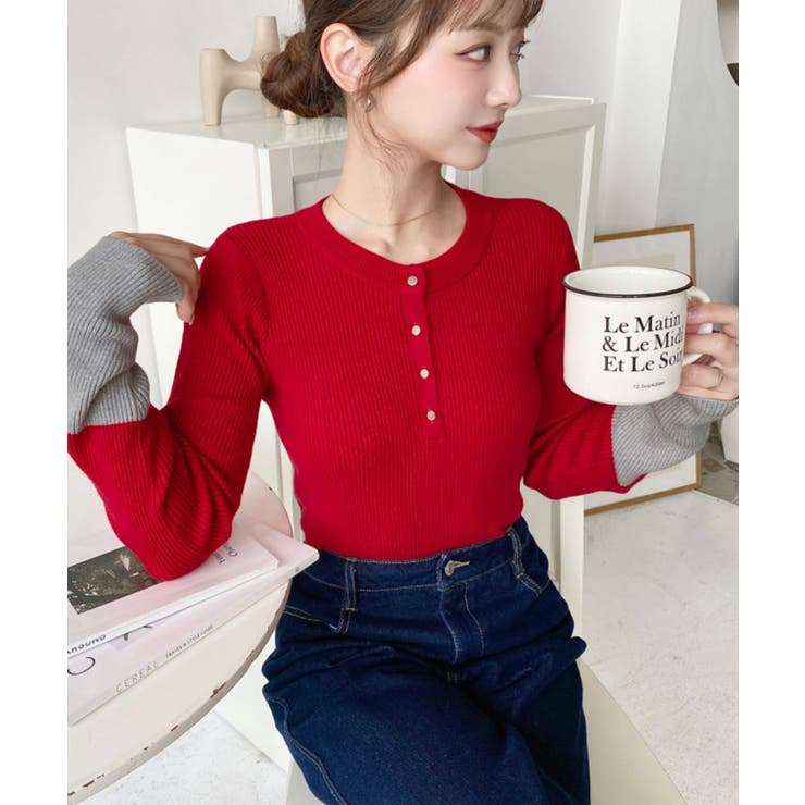 袖配色ヘンリーネックリブニットプルオーバー | moment+ | 詳細画像28 