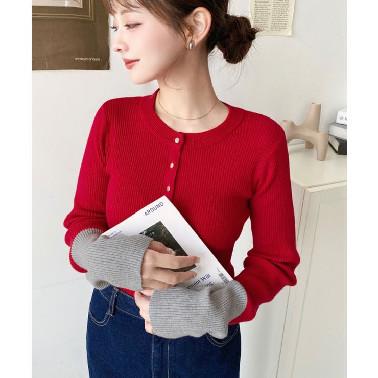 袖配色ヘンリーネックリブニットプルオーバー | moment+ | 詳細画像29 