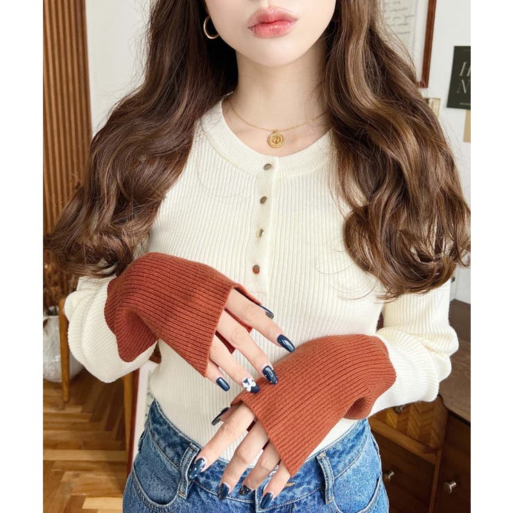 袖配色ヘンリーネックリブニットプルオーバー | moment+ | 詳細画像3 