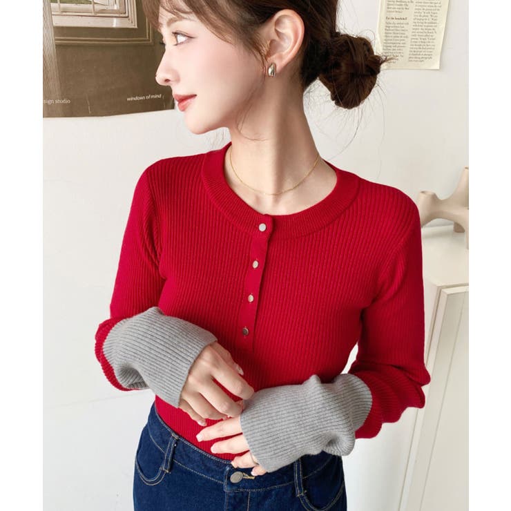 袖配色ヘンリーネックリブニットプルオーバー | moment+ | 詳細画像30 