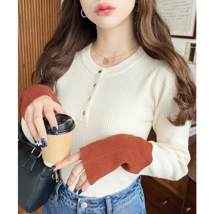 袖配色ヘンリーネックリブニットプルオーバー | moment+ | 詳細画像4 