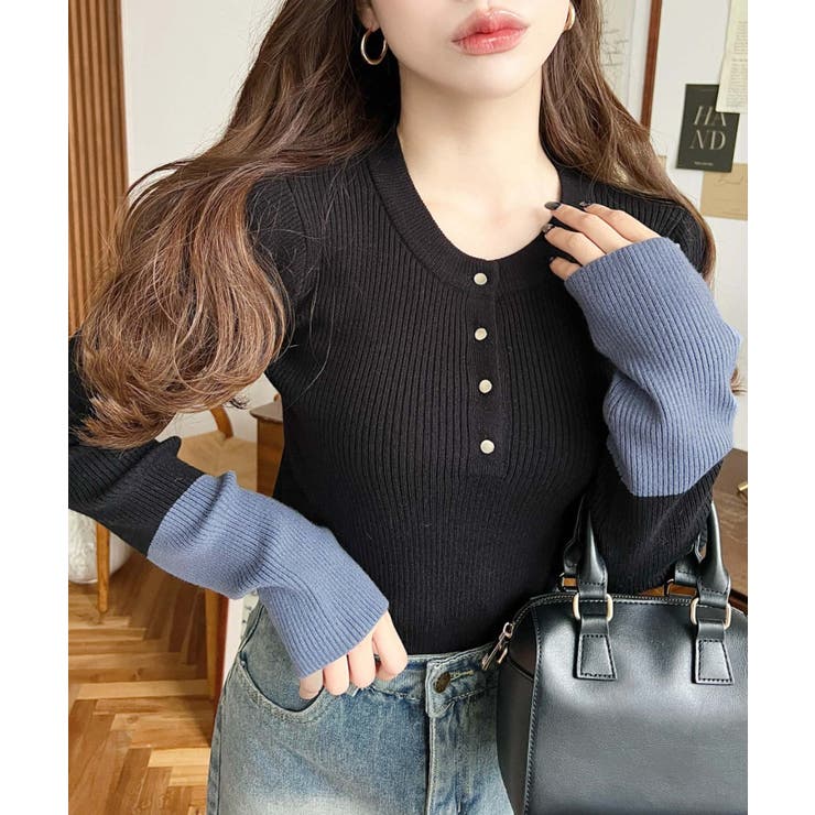 袖配色ヘンリーネックリブニットプルオーバー | moment+ | 詳細画像7 