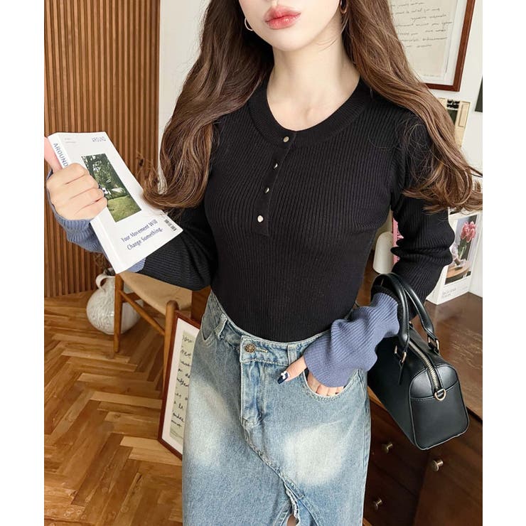 袖配色ヘンリーネックリブニットプルオーバー | moment+ | 詳細画像9 