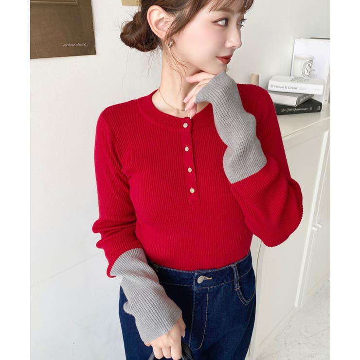 レッド | 袖配色ヘンリーネックリブニットプルオーバー | moment+