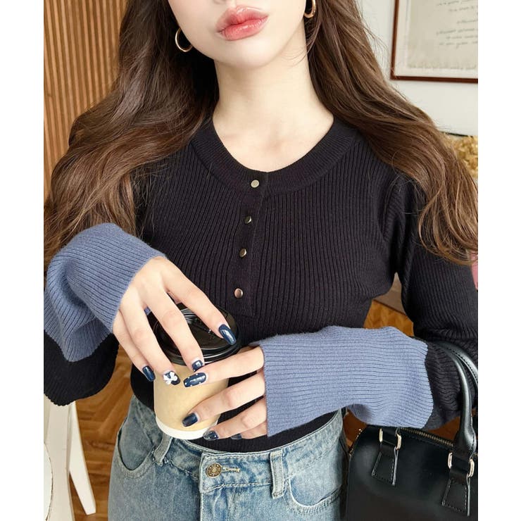 ブラック | 袖配色ヘンリーネックリブニットプルオーバー | moment+