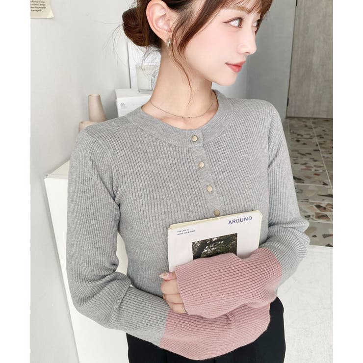 杢グレー | 袖配色ヘンリーネックリブニットプルオーバー | moment+