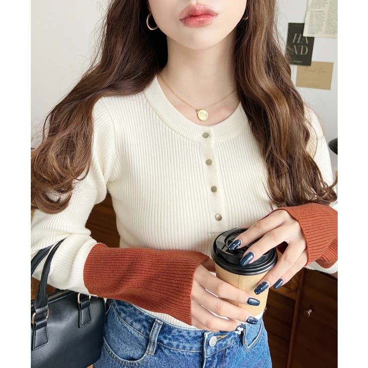 アイボリー | 袖配色ヘンリーネックリブニットプルオーバー | moment+