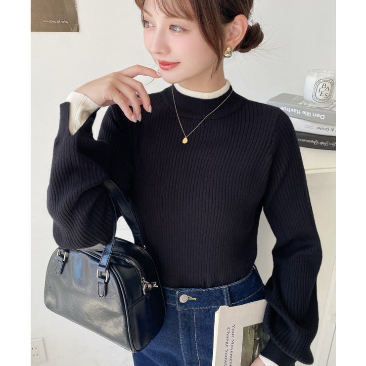 ボトルネックレイヤード風配色リブニットプルオーバー | moment+ | 詳細画像11 