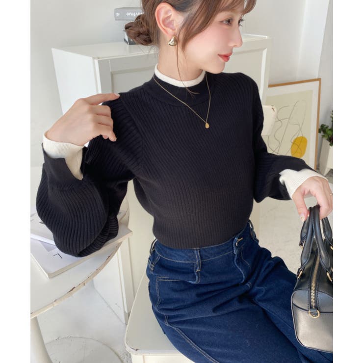 ボトルネックレイヤード風配色リブニットプルオーバー | moment+ | 詳細画像12 