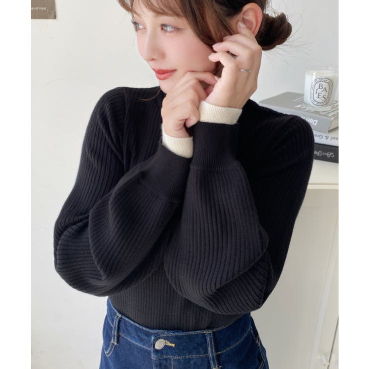 ボトルネックレイヤード風配色リブニットプルオーバー | moment+ | 詳細画像14 