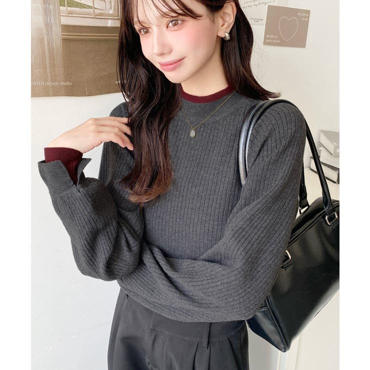 ボトルネックレイヤード風配色リブニットプルオーバー | moment+ | 詳細画像15 