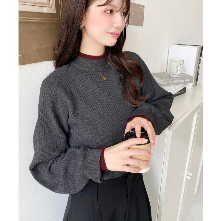 ボトルネックレイヤード風配色リブニットプルオーバー | moment+ | 詳細画像17 