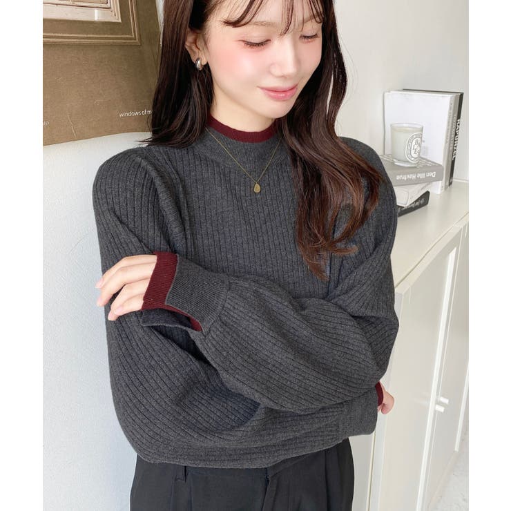 ボトルネックレイヤード風配色リブニットプルオーバー | moment+ | 詳細画像18 