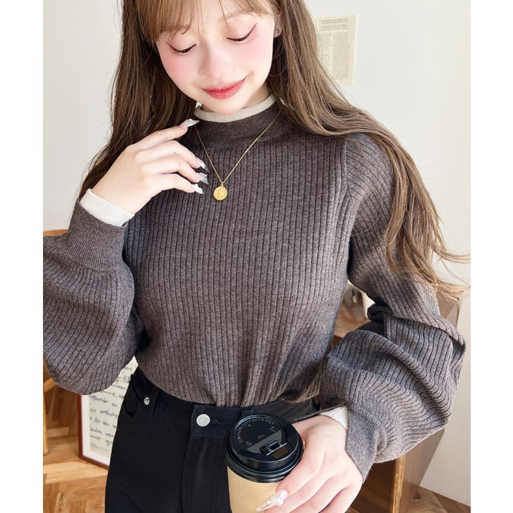 ボトルネックレイヤード風配色リブニットプルオーバー | moment+ | 詳細画像20 