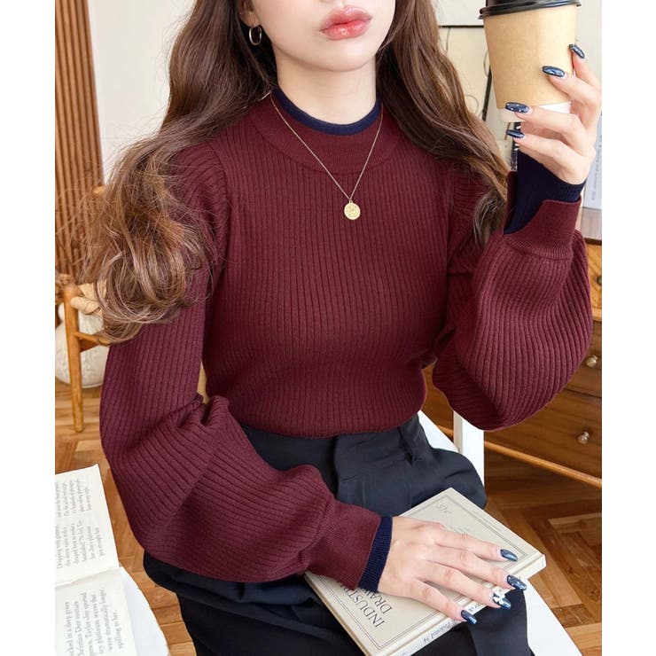 ボトルネックレイヤード風配色リブニットプルオーバー | moment+ | 詳細画像24 