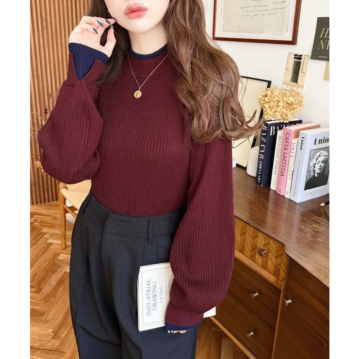 ボトルネックレイヤード風配色リブニットプルオーバー | moment+ | 詳細画像25 