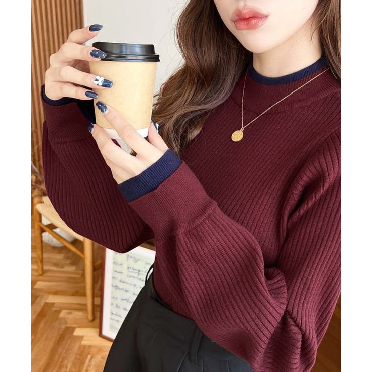 ボトルネックレイヤード風配色リブニットプルオーバー | moment+ | 詳細画像26 