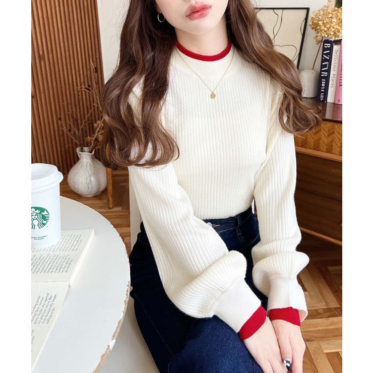 ボトルネックレイヤード風配色リブニットプルオーバー | moment+ | 詳細画像3 