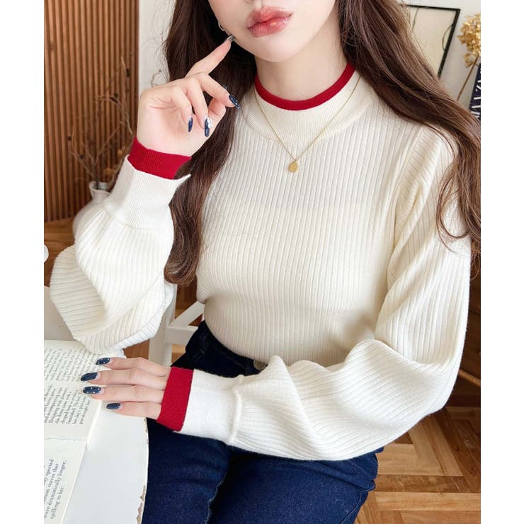 ボトルネックレイヤード風配色リブニットプルオーバー | moment+ | 詳細画像4 