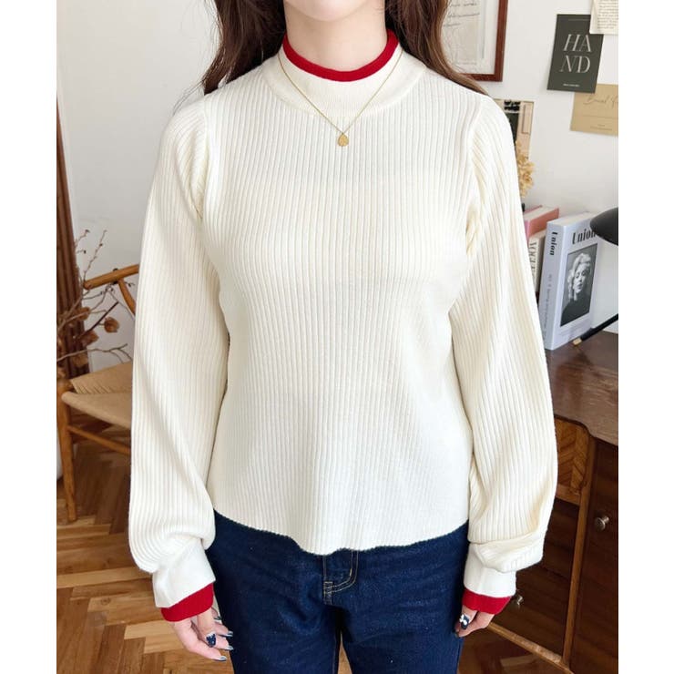 ボトルネックレイヤード風配色リブニットプルオーバー | moment+ | 詳細画像5 