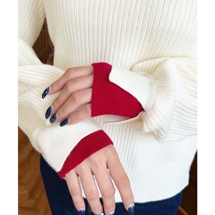 ボトルネックレイヤード風配色リブニットプルオーバー | moment+ | 詳細画像8 