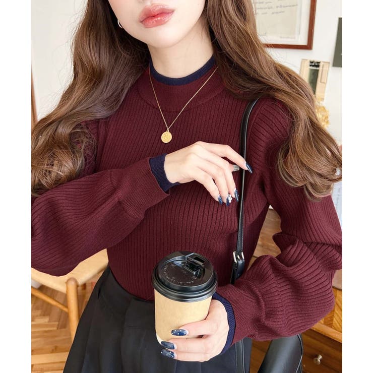 ボルドー | ボトルネックレイヤード風配色リブニットプルオーバー | moment+