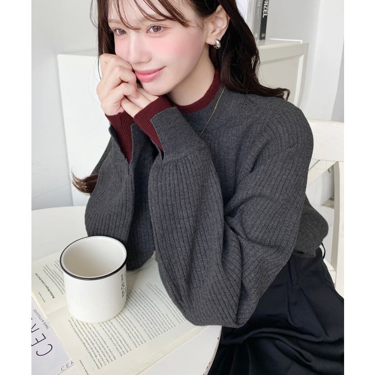 チャコールグレー | ボトルネックレイヤード風配色リブニットプルオーバー | moment+