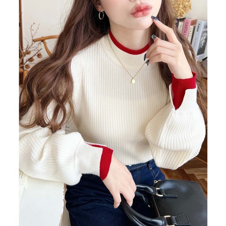 アイボリー | ボトルネックレイヤード風配色リブニットプルオーバー | moment+