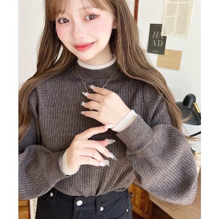 ブラウン | ボトルネックレイヤード風配色リブニットプルオーバー | moment+