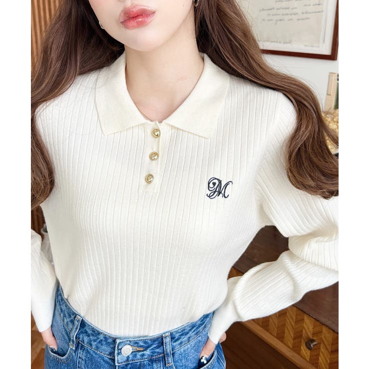 刺繍入り衿付きポロニット | moment+ | 詳細画像3 