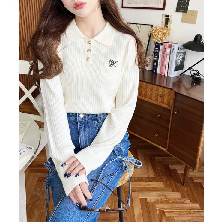 刺繍入り衿付きポロニット | moment+ | 詳細画像4 