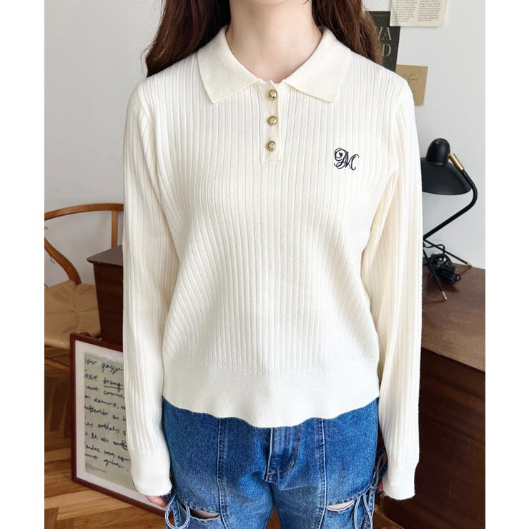 刺繍入り衿付きポロニット | moment+ | 詳細画像7 