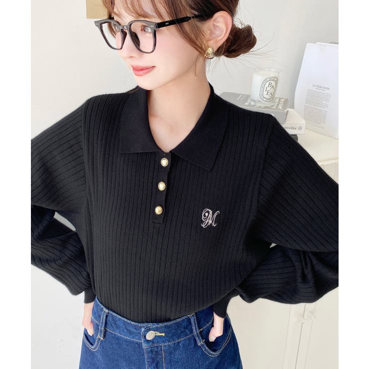 ブラック | 刺繍入り衿付きポロニット | moment+